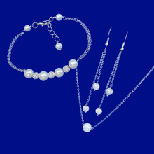 Load image into Gallery viewer, Jewelry Sets - Bridesmaid Jewelry - Bridal Sets - handmade floating crystal necklace accompanied by a bar bracelet and a pair of multi-strand crystal drop earrings, white and silver