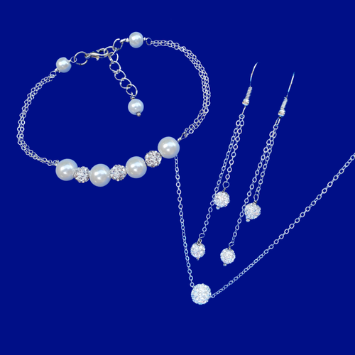 Jewelry Sets - Bridesmaid Jewelry - Bridal Sets - handmade floating crystal necklace accompanied by a bar bracelet and a pair of multi-strand crystal drop earrings, white and silver