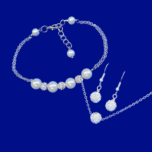 Necklace Set - Jewelry Sets - Bridal Sets - Handmade floating crystal necklace accompanied by a pearl and crystal bar bracelet and a pair of earrings