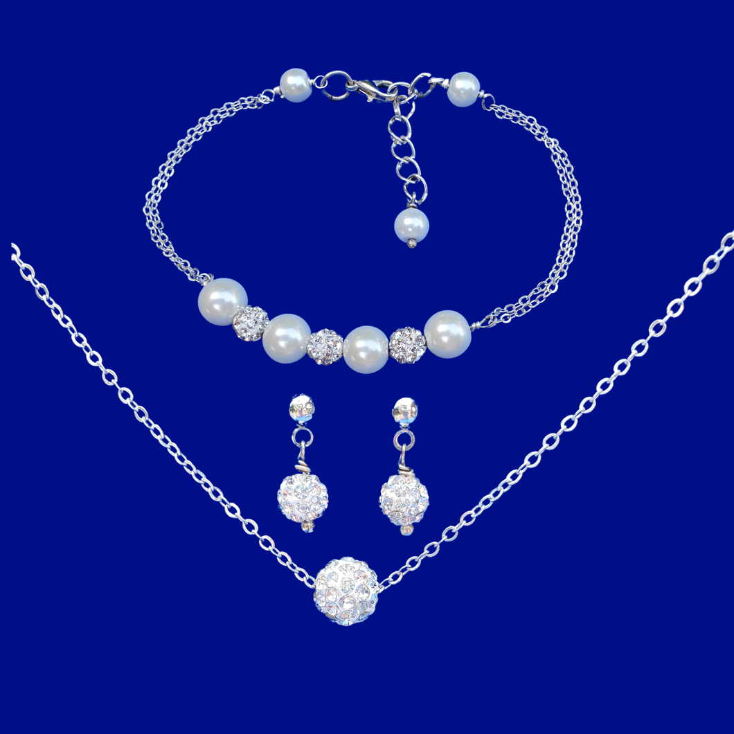 Necklace Set - Jewelry Sets - Bridal Sets - handmade floating crystal necklace accompanied by a pearl and crystal bar bracelet and a pair of stud earrings, white and silver or silver and custom color