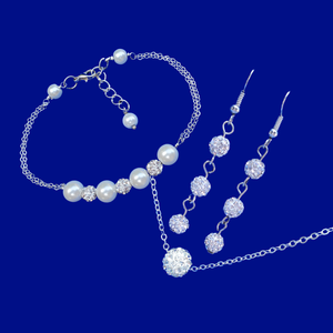 Necklace Set, Earring Sets - Jewelry Sets, handmade floating crystal necklace accompanied by a pearl and crystal bar bracelet and drop earrings, white and silver clear or silver clear and custom color