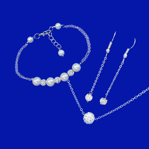 handmade floating crystal necklace accompanied by a pearl and crystal bar bracelet and drop earrings - Bridesmaid Gift - Jewelry Set - Necklace Set