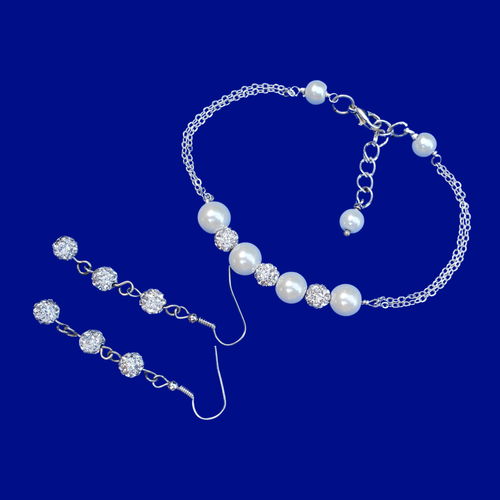Bridal Party Gifts - Bracelet Sets - Proposal Bridesmaids - handmade pearl and crystal bar bracelet accompanied by a pair of crystal drop earrings, white or custom color