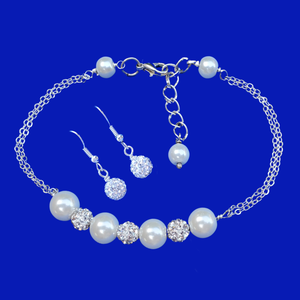 Bracelet Sets - Pearl Set - Bridal Party Gifts - A handmade pearl and crystal bar bracelet accompanied by a pair of crystal earrings. white and silver or silver and custom color