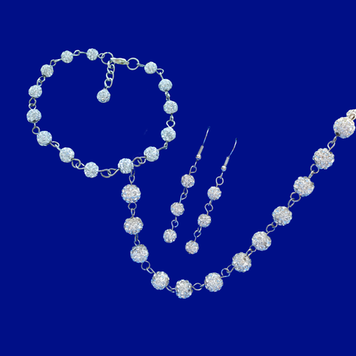 handmade silver clear sparkling pave crystal necklace accompanied by a matching bracelet and drop earrings - Jewelry Set - Necklace Set - Bride Gift
