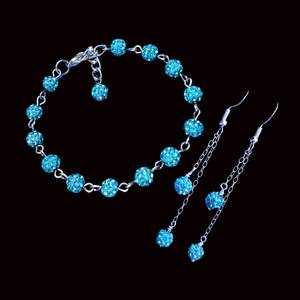 Earring Sets - Bracelet Sets - Jewelry Set, handmade crystal bracelet accompanied by a pair of multi-strand drop earrings, aquamarine blue or custom color