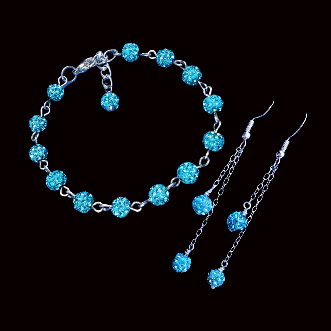 Earring Sets - Bracelet Sets - Jewelry Set, handmade crystal bracelet accompanied by a pair of multi-strand drop earrings, aquamarine blue or custom color