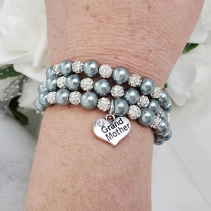 Handmade grand mother pearl and crystal expandable, multi-layer, wrap charm bracelet - dark grey or custom color - Grand Mother Gift - Gifts For My Grandmother