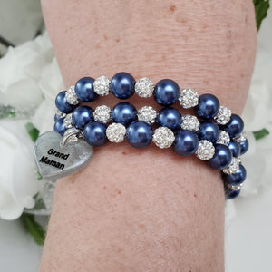 Handmade grand mother pearl and crystal expandable, multi-layer, wrap charm bracelet - dark blue or custom color - Grand Mother Gift - Gifts For My Grandmother