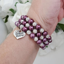Load image into Gallery viewer, Handmade grand mother pearl and crystal expandable, multi-layer, wrap charm bracelet - burgundy red or custom color - Grand Mother Gift - Gifts For My Grandmother