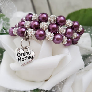 Handmade grand mother pearl and crystal expandable, multi-layer, wrap charm bracelet - burgundy red or custom color - Grand Mother Gift - Gifts For My Grandmother