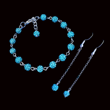 Load image into Gallery viewer, Earring Sets - Bridal Party Gifts - Bracelet Sets, handmade crystal bracelet accompanied by a pair of drop earrings, aquamarine blue or custom color