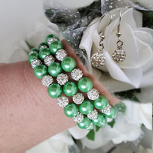 Load image into Gallery viewer, Handmade pearl and pave crystal rhinestone expandable, multi-layer, wrap bracelet accompanied by a pair of dangle crystal earrings, green or custom color - Bracelet Sets - Bride Gift - Bridesmaid Jewelry