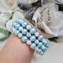 Load image into Gallery viewer, Handmade pearl and pave crystal rhinestone expandable, multi-layer, wrap bracelet accompanied by a pair of dangle crystal earrings, light blue or custom color - Bracelet Sets - Bride Gift - Bridesmaid Jewelry