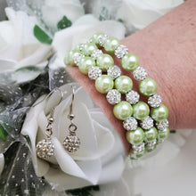 Load image into Gallery viewer, Handmade pearl and pave crystal rhinestone expandable, multi-layer, wrap bracelet accompanied by a pair of dangle crystal earrings, light green or custom color - Bracelet Sets - Bride Gift - Bridesmaid Jewelry