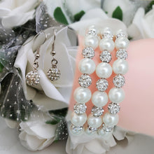 Load image into Gallery viewer, Handmade pearl and pave crystal rhinestone expandable, multi-layer, wrap bracelet accompanied by a pair of dangle crystal earrings, white or custom color - Bracelet Sets - Bride Gift - Bridesmaid Jewelry