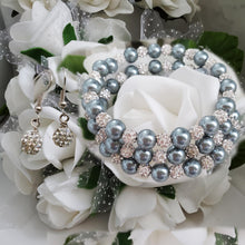Load image into Gallery viewer, Handmade pearl and pave crystal rhinestone expandable, multi-layer, wrap bracelet accompanied by a pair of dangle crystal earrings, dark grey or custom color - Bracelet Sets - Bride Gift - Bridesmaid Jewelry