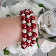 Load image into Gallery viewer, Handmade pearl and pave crystal rhinestone expandable, multi-layer, wrap bracelet accompanied by a pair of dangle crystal earrings, bordeaux red or custom color - Bracelet Sets - Bride Gift - Bridesmaid Jewelry 