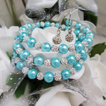 Load image into Gallery viewer, Handmade pearl and pave crystal rhinestone expandable, multi-layer, wrap bracelet accompanied by a pair of dangle crystal earrings, aquamarine blue or custom color - Bracelet Sets - Bride Gift - Bridesmaid Jewelry