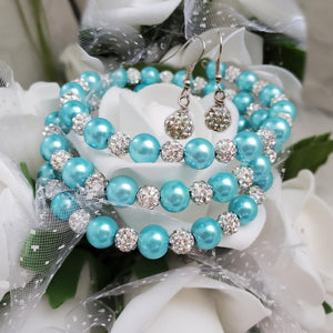 Handmade pearl and pave crystal rhinestone expandable, multi-layer, wrap bracelet accompanied by a pair of dangle crystal earrings, aquamarine blue or custom color - Bracelet Sets - Bride Gift - Bridesmaid Jewelry