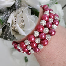 Load image into Gallery viewer, Handmade pearl and pave crystal rhinestone expandable, multi-layer, wrap bracelet accompanied by a pair of dangle crystal earrings, dark pink or custom color - Bracelet Sets - Bride Gift - Bridesmaid Jewelry