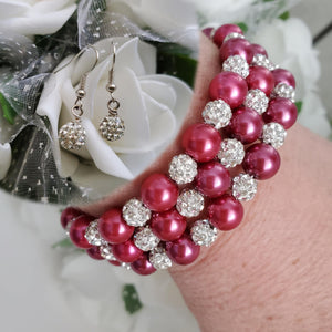 Handmade pearl and pave crystal rhinestone expandable, multi-layer, wrap bracelet accompanied by a pair of dangle crystal earrings, dark pink or custom color - Bracelet Sets - Bride Gift - Bridesmaid Jewelry
