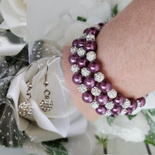 Load image into Gallery viewer, Handmade pearl and pave crystal rhinestone expandable, multi-layer, wrap bracelet accompanied by a pair of dangle crystal earrings, burgundy red or custom color - Bracelet Sets - Bride Gift - Bridesmaid Jewelry