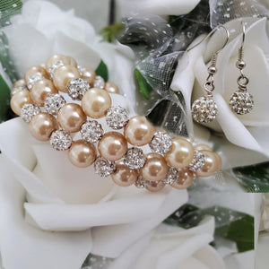 Handmade pearl and pave crystal rhinestone expandable, multi-layer, wrap bracelet accompanied by a pair of dangle crystal earrings, champagne or custom color - Bracelet Sets - Bride Gift - Bridesmaid Jewelry