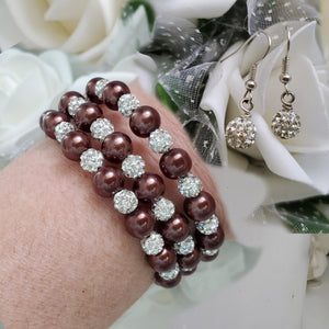 Handmade pearl and pave crystal rhinestone expandable, multi-layer, wrap bracelet accompanied by a pair of dangle crystal earrings, chocolate brown or custom color - Bracelet Sets - Bride Gift - Bridesmaid Jewelry