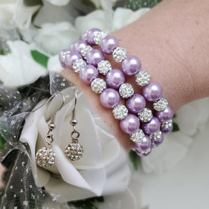 Handmade pearl and pave crystal rhinestone expandable, multi-layer, wrap bracelet accompanied by a pair of dangle crystal earrings, lavender purple or custom color - Bracelet Sets - Bride Gift - Bridesmaid Jewelry