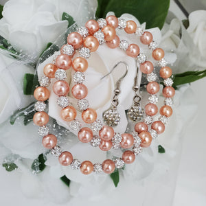 Handmade pearl and pave crystal rhinestone expandable, multi-layer, wrap bracelet accompanied by a pair of dangle crystal earrings, powder orange or custom color - Bracelet Sets - Bride Gift - Bridesmaid Jewelry