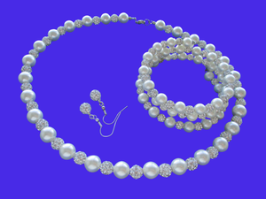 Bride To Be Gifts - Bride Jewelry - Jewelry Sets - handmade pearl and crystal necklace accompanied by an expandable, multi-layer, wrap bracelet and a pair of crystal earrings