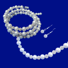Load image into Gallery viewer, Bride To Be Gifts - Bride Jewelry - Jewelry Sets - handmade pearl and crystal necklace accompanied by an expandable, multi-layer, wrap bracelet and a pair of crystal earrings, white and silver clear or custom color