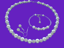 Load image into Gallery viewer, Jewelry Sets - Gifts For Bridesmaids - Pearl Set - handmade pearl and crystal necklace accompanied by a bar bracelet and a pair of crystal earrings, white and silver or custom color