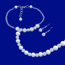 Load image into Gallery viewer, Jewelry Sets - Gifts For Bridesmaids - Pearl Set - handmade pearl and crystal necklace accompanied by a bar bracelet and a pair of crystal earrings, white and silver clear or custom color