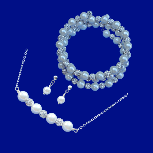 A handmade pearl and crystal bar necklace accompanied by an expandable multi-layer, wrap bracelet and a pair of pearl stud earrings. - Jewelry Set - Pearl Set - Bridesmaid Proposal