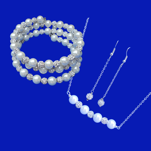 handmade pave crystal and pearl bar necklace accompanied by an expandable, multi-layer, wrap bracelet and a pair of crystal drop earrings, white and silver clear or custom color - Bridesmaid Jewelry - Jewelry Sets - Bridal Sets