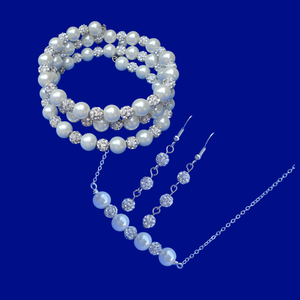 A handmade pearl and crystal bar necklace accompanied by an expandable, multi-layer, wrap bracelet and a pair of crystal drop earrings.  white and silver clear or custom color - Jewelry Sets - Pearl Set - Maid Of Honor Gift
