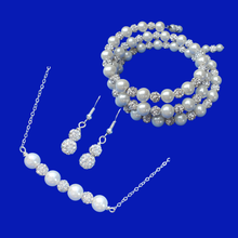 Load image into Gallery viewer, Jewelry Sets - Bridal Jewelry Set - Pearl Set, handmade pearl and crystal bar necklace accompanied by an expandable, multi-layer, wrap bracelet and a pair of crystal drop earrings