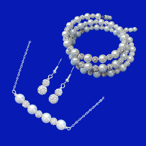 Jewelry Sets - Bridal Jewelry Set - Pearl Set, handmade pearl and crystal bar necklace accompanied by an expandable, multi-layer, wrap bracelet and a pair of crystal drop earrings