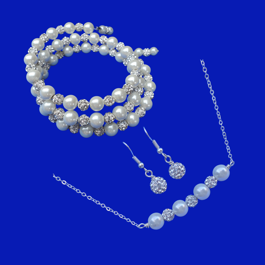 Necklace Set - Bridal Sets - Jewelry Sets, handmade pearl and crystal bar necklace accompanied by an expandable, multi-strand, wrap bracelet and a pair of crystal drop earrings, white and silver or custom color