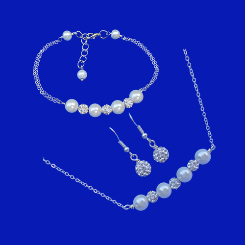 Necklace Set - Pearl Jewelry Set - Jewelry Set, pearl crystal bar necklace bar bracelet crystal earring jewelry set, white or custom color