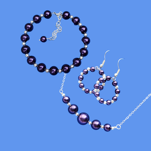 Jewelry Sets - Pearl Set - Necklace Set, handmade silver accented bar necklace accompanied by a bracelet and a pair of hoop earrings, dark purple or custom color