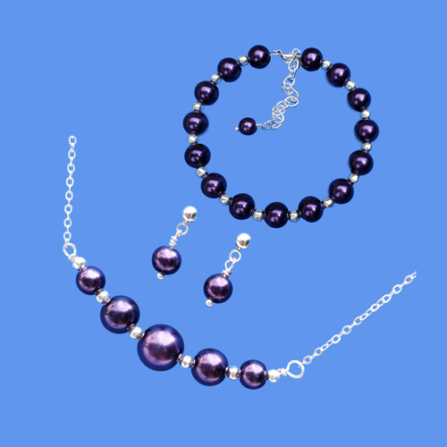 Pearl Jewelry Set - Necklace Set - Jewelry Set, handmade silver accented bar necklace accompanied by a bracelet and a pair of stud earrings, dark purple or custom color