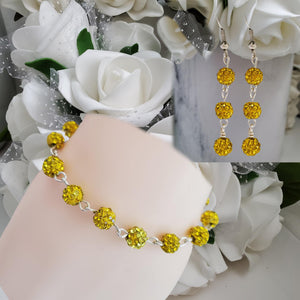 Handmade pave crystal rhinestone link bracelet accompanied by a pair of drop earrings - citrine or custom color - Bracelets Sets - Bridesmaid Gifts - Bridal Jewelry Set
