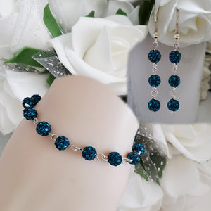Handmade pave crystal rhinestone link bracelet accompanied by a pair of drop earrings - blue zircon or custom color - Bracelets Sets - Bridesmaid Gifts - Bridal Jewelry Set