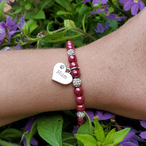 Handmade Mum pearl and pave crystal charm bracelet, bordeaux red or custom color - Mother Jewelry - Gifts For Mum - Mother Gift