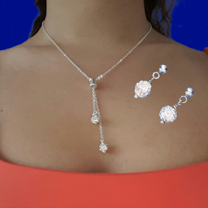 handmade crystal drop necklace accompanied by a pair of stud earrings