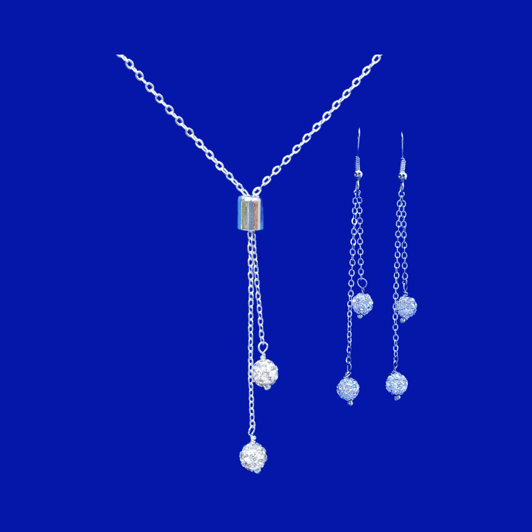 handmade crystal drop necklace accompanied by a pair of multi-strand drop earrings, silver clear or custom color