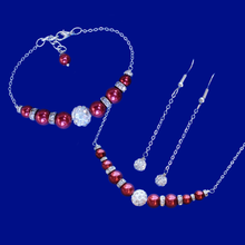 Load image into Gallery viewer, A handmade pearl and crystal bar necklace accompanied by a matching bar bracelet and a pair of crystal drop earrings. bordeaux red or custom color - Jewelry Sets - Bridesmaid Gift Ideas - Pearl Set
